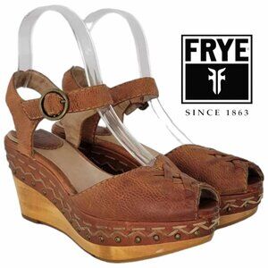 Frye Blair Lace Up Peep Toe Wedge, Platform Sandal Sz 5.5 - Cognac